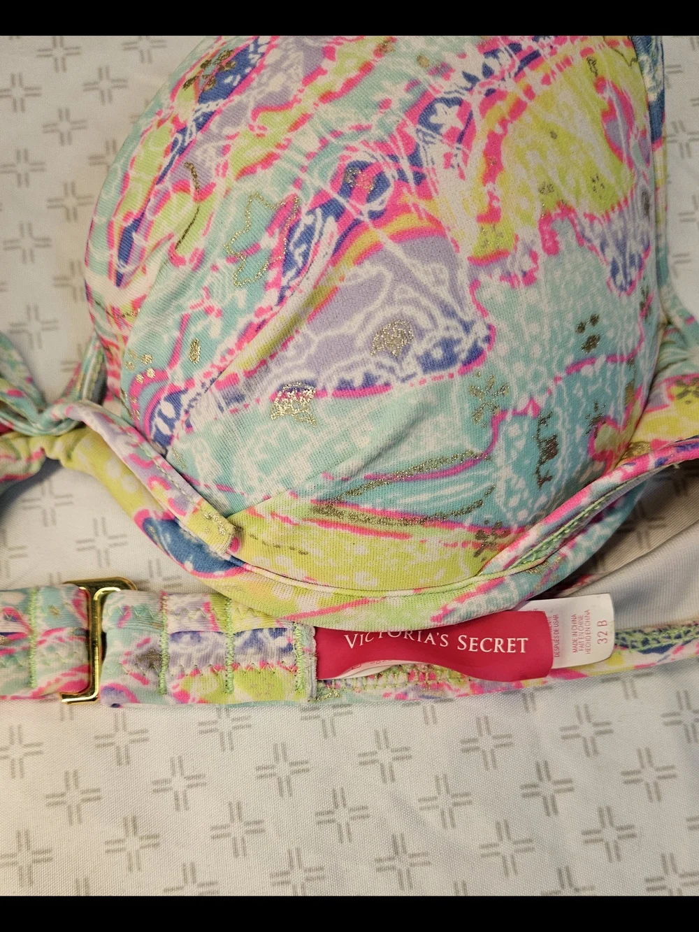 Victoria's Secret 32B Padded Underwire Halter Bikini Top Multicolor Abstract